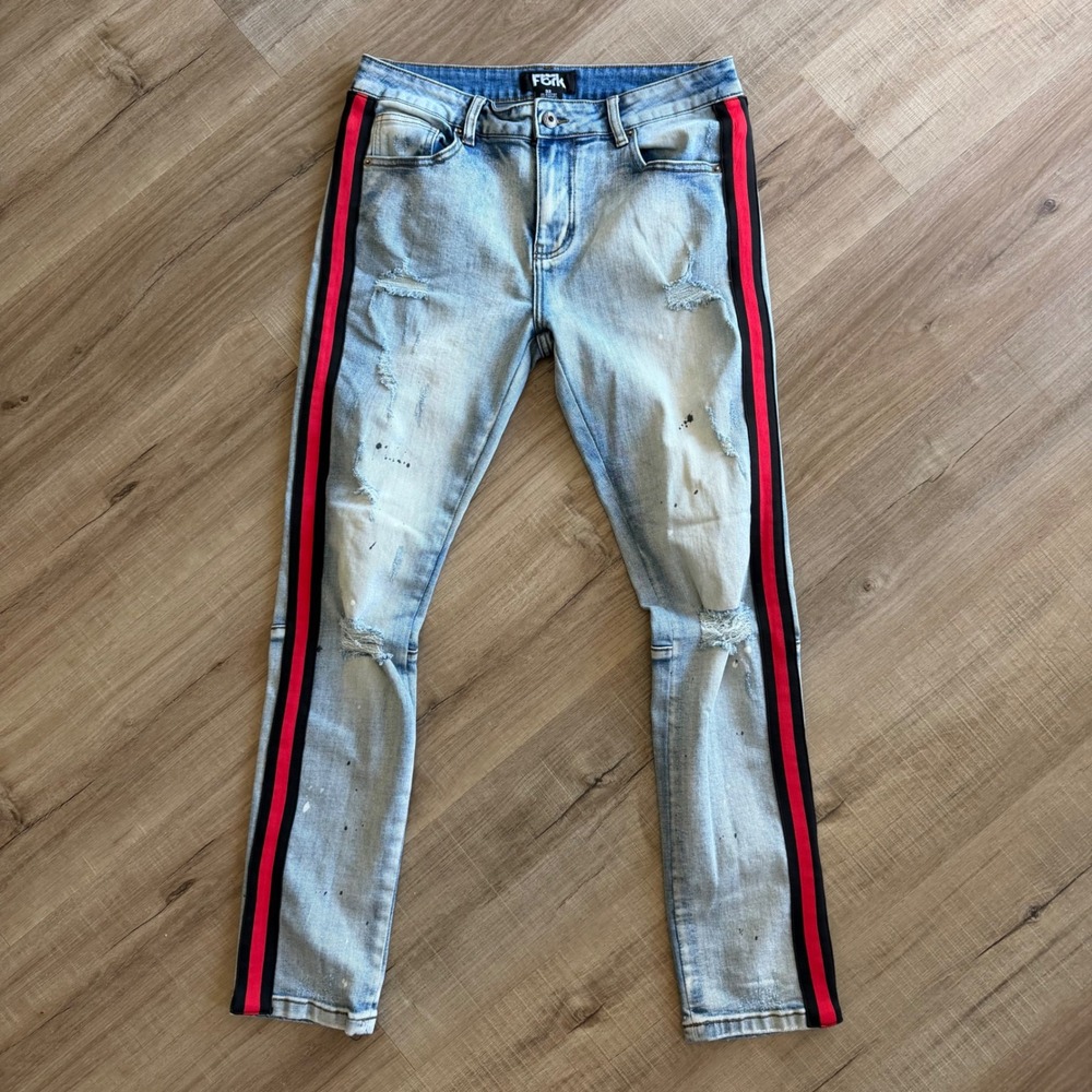 Fbrk Mens Skinny Distressed Light Wash Jeans Red Side Stripe Paint Splatter 32